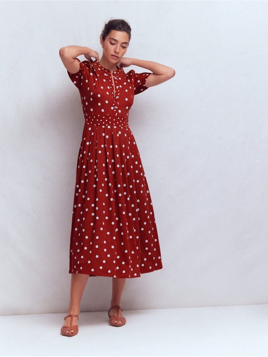 Boden Dresses & Skirts - Boden Amber Pleat Jersey Midi Dress Burnt Orange Polka Dot Size 6 NWT